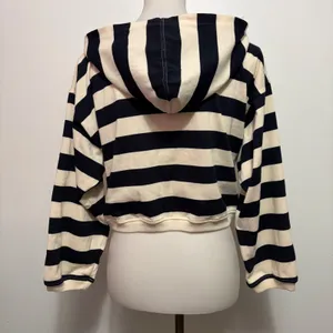 Tarazzia Sport Cropped Hoodie M Navy Cream Stripe Nautical Marin Bleu 90s French thumbnail 5
