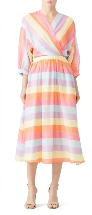 Tara Jarmon Stripey Multicolor Cotton Midi Dress Women's 36 FR Small V-Neck thumbnail 1