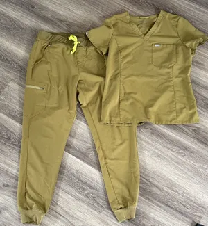 Figs Olive Green Scrub Set Large Top and Pants with Neon Drawstring Xflawedx thumbnail 1