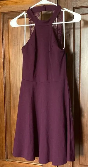 Lulu’s New Hometown Girl Plum Purple High Beck Lace Skater Mini Dress Size Small thumbnail 1