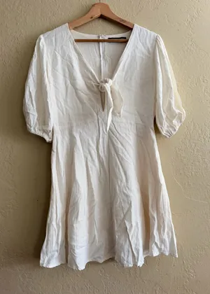 In the Beginning Tie-Front Mini Dress in Cream Linen Blend thumbnail 1