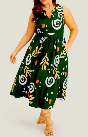 Scroll Graphic Print Notched Pocket Sleeveless Dress-Green-Large/Size 12 thumbnail 1
