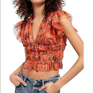 Free People Make Me Smile Floral Mesh Flutter Sleeve Crop Top XSmall thumbnail 1