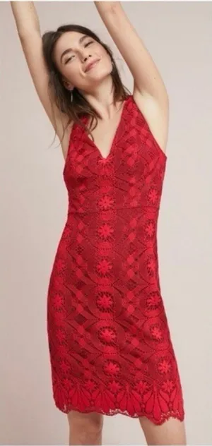 Anthropologie Maeve Camari Red Lace Column Dress thumbnail 1