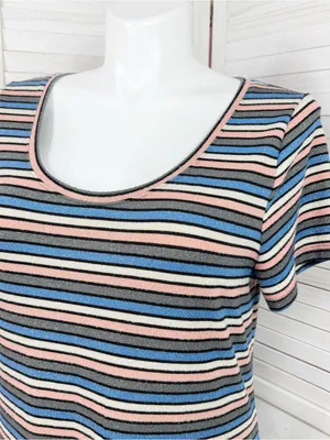 Loft Striped Shimmer Knit Midi Tee Shirt Dress Pink Blue Grey Metallic Size XL thumbnail 5