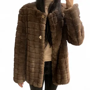 Chocolate Brown Faux Fur Grid Coat – Soft Plush Jacket, Size XS, Elegant & Cozy thumbnail 2
