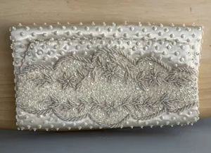 Vtg White Satin Beaded Evening Clutch Purse Handmade Hong Kong Wedding Prom Gala thumbnail 1