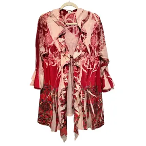 Dressbarn Woman 3X Red Pink Floral Embellished‎ Ruffle Open Front Topper thumbnail 7