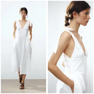 Zara White Poplin Tie Strap Midi Dress Large Milkmaid Corset Drop Waist 0881/334 thumbnail 9