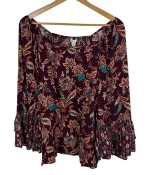 Cato Boho Floral Peasant Bell‎ Sleeve Blouse Size 22/24W Burgundy Lightweight thumbnail 1