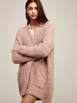 (RFB1) Free People Boucle Slouch Cardi Mauve Pink Medium EUC Oversized Cardigan thumbnail 2