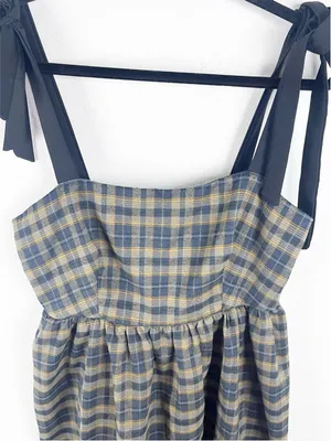 CIDER Brown Tartan Plaid Tie Shoulder Straps Back Zipper Closure Dress Medium thumbnail 7