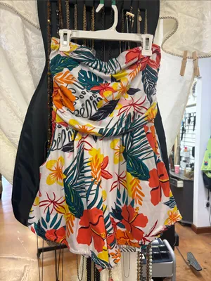 Love Strapless Floral Romper — Orange with Teal & Yellow thumbnail 1