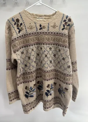 Womens vintage-hand-embroidered beige sweater floral &‎ geometric M flaws thumbnail 1