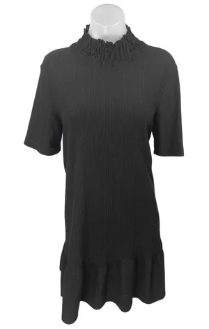 Zara Black Rib Knit Ruffle Mock Neck Half Sleeve Mini Shift Sweater Dress Size M thumbnail 1