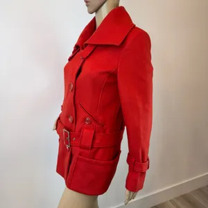 Red Wool Blend‎ Belted Peacoat Jacket with Wide Collar and Oversized Buttons S thumbnail 3