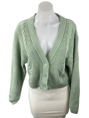 H&M Women's Green Cable Knit Ribbed V Neck Button Up Cardigan Sweater Top Size S thumbnail 1