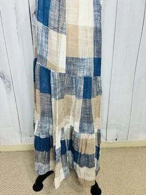 Easel Los Angeles Patchwork Midi Dress Womens Sz L Blue Tan Boho Textured NWT thumbnail 7