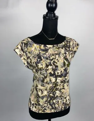 Blouse Top Abstract Size XS French Connection Olive Green & Tan thumbnail 1