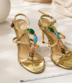 Cute formal Gold Strappy Stiletto Sandals Gemstone Beads Size 7 wedding prom thumbnail 1