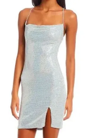 City Studio NWT Metallic Pale Blue Slip On Bodycon Mini Dress In Size L thumbnail 1