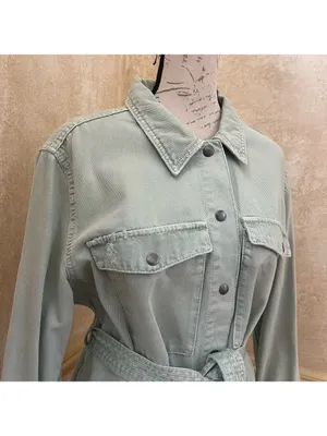 Zara denim belted cotton jean jacket sage green Sz XL thumbnail 6
