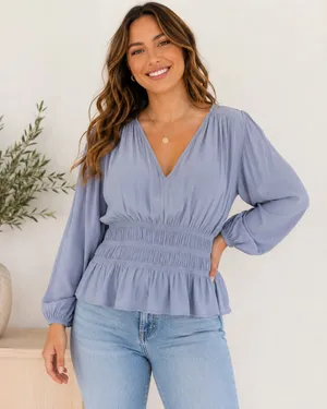 Universal Thread Boho Peasant Top XL Blue Long Sleeve Smocked Peplum V-Neck thumbnail 1