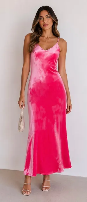 Le Superbe Silk Blend Velvet Bias Slip Maxi Dress Pink V Neck Spaghetti Strap 2 thumbnail 1