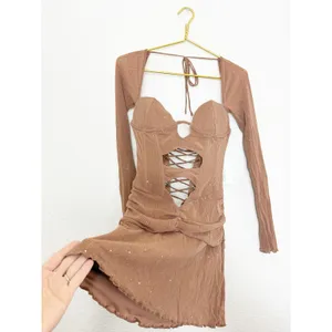 NWT Outcast Aubrey Long Sleeve Mini Dress Tan Corset Festival Sexy Size Small thumbnail 9