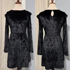 Mossimo Supply Black Velvet Crushed Long Sleeve Ruffle Trim Whimsigoth Dress L‎ thumbnail 3