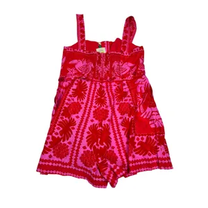 NWT Farm Rio Jungle Scarf Red Pink Linen Blend Romper Button Front Sleeveless M thumbnail 2