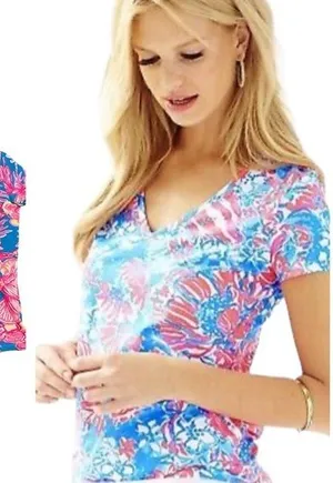 Lilly Pulitzer Michelle Cap Sleeve Vneck Tshirt Cotton Stretchy Pink Blue Top S thumbnail 1