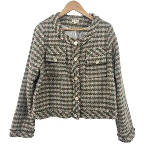 POL‎ Jacket Womens Large Green Orange Plaid Tweed Frayed Edge Button Up FWJ191 thumbnail 1