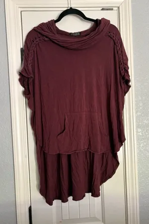 POL Oversized Hooded Tunic Top Boho Purple Braided Trim Crochet Lagenlook‎ M/L thumbnail 1