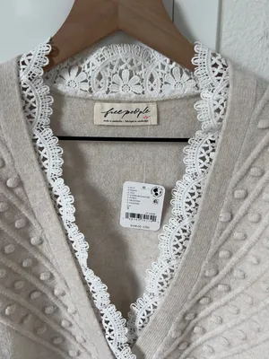 Free People Lace SoftSpun Long Sleeve Cardi Cardigan Sweater in Ivory NWT thumbnail 3