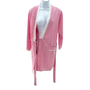 Eileen West Pink White‎ Seersucker Robe S M Stripe Cotton Blend Lace Trim Wrap thumbnail 2