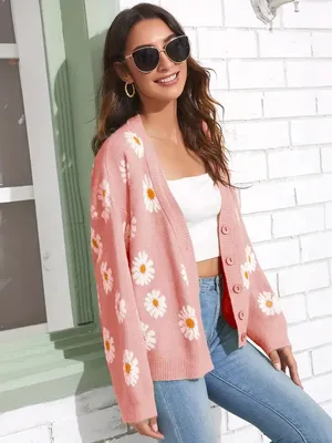 SheIn Hot pink Daisy floral print open front button cardigan sweater thumbnail 3