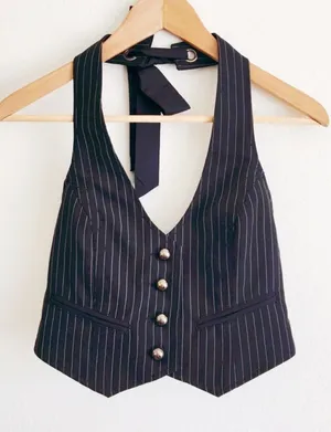 Crown of ❤️5, Open Back Striped Vest, Black thumbnail 1
