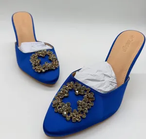 Coutgo Womens Royal Blue Satin Rhinestone Buckle Pointed Toe Mules Stiletto Sz 8 thumbnail 1