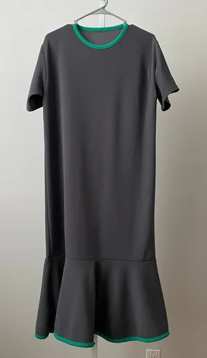 Minimalist‎ Lagenlook M Gray Green Trim Mermaid Hem Midi Dress Modernist thumbnail 1