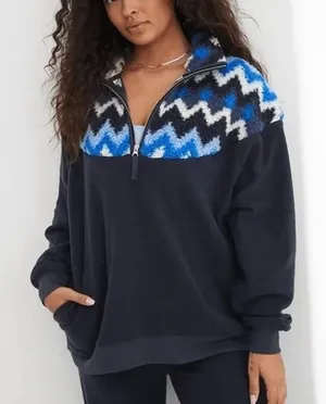 Aerie Hometown Holiday 1/4 Zip Fleece Pullover Jacket Sweatshirt Blue Medium thumbnail 1
