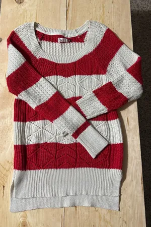 SO Red White Striped Metallic Cable Knit Scoop Neck Sweater Womens Large‎ L thumbnail 1