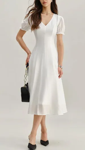 Rihoas White Puffed Sleeve V Neck Midi Dress thumbnail 3