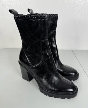 Dolce Vita Black Leather Sock Ankle Boots Lug Sole Block Heel Size 9 thumbnail 1