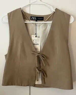 Zara tan brown tie front vest with bow NWT medium thumbnail 1