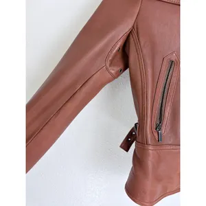 Y2K Vintage Leather Moto Jacket Cognac Brown Pelle Studio Funnel Neck M thumbnail 5
