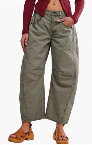 Free People Good Luck Barrel Leg Pants in Olive Green 24 thumbnail 1