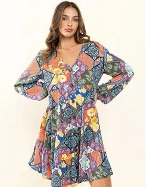Ces femme Women Small Artsy Folksy Bohemian Patchwork Colorful Fall Chic Dress thumbnail 1
