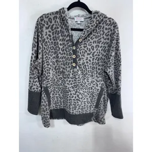 MoCo Boutique Women's S Gray Leopard Hoodie Sweatshirt Button Front Ribbed Trim‎ thumbnail 4