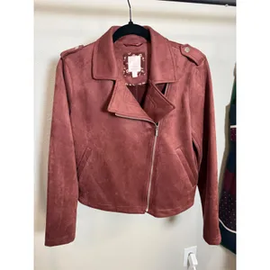 LC Lauren Conrad Womens Faux Suede Moto Jacket Burgundy‎ Asymmetrical Zip Small thumbnail 3
